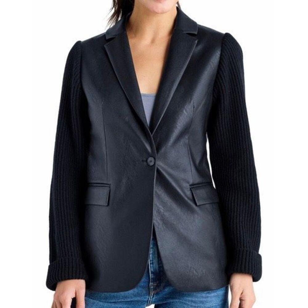 NEW‎ Splendid Adina Mixed Media Faux Leather Black Blazer Medium
